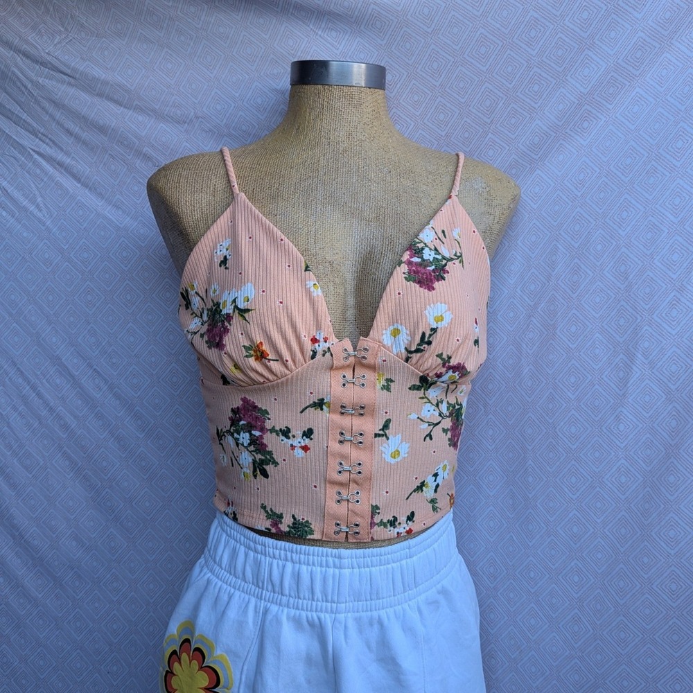 Windsor Bustier Crop Top Women Peach Excellent Floral Ribbed Hook and Eye M